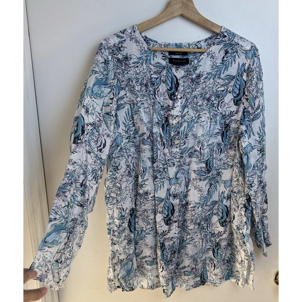 Tahari‎ Linen Floral Blue Bird Tropical Print Button Front Tunic Cruise Vacation